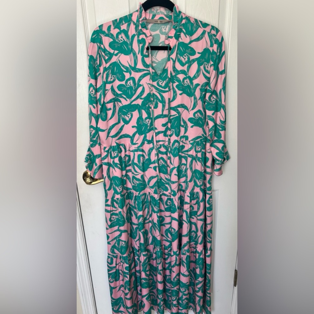 COSTA MANI Dress vibrant colors of Green & Pink tulip Floral Sz S Midi Dress